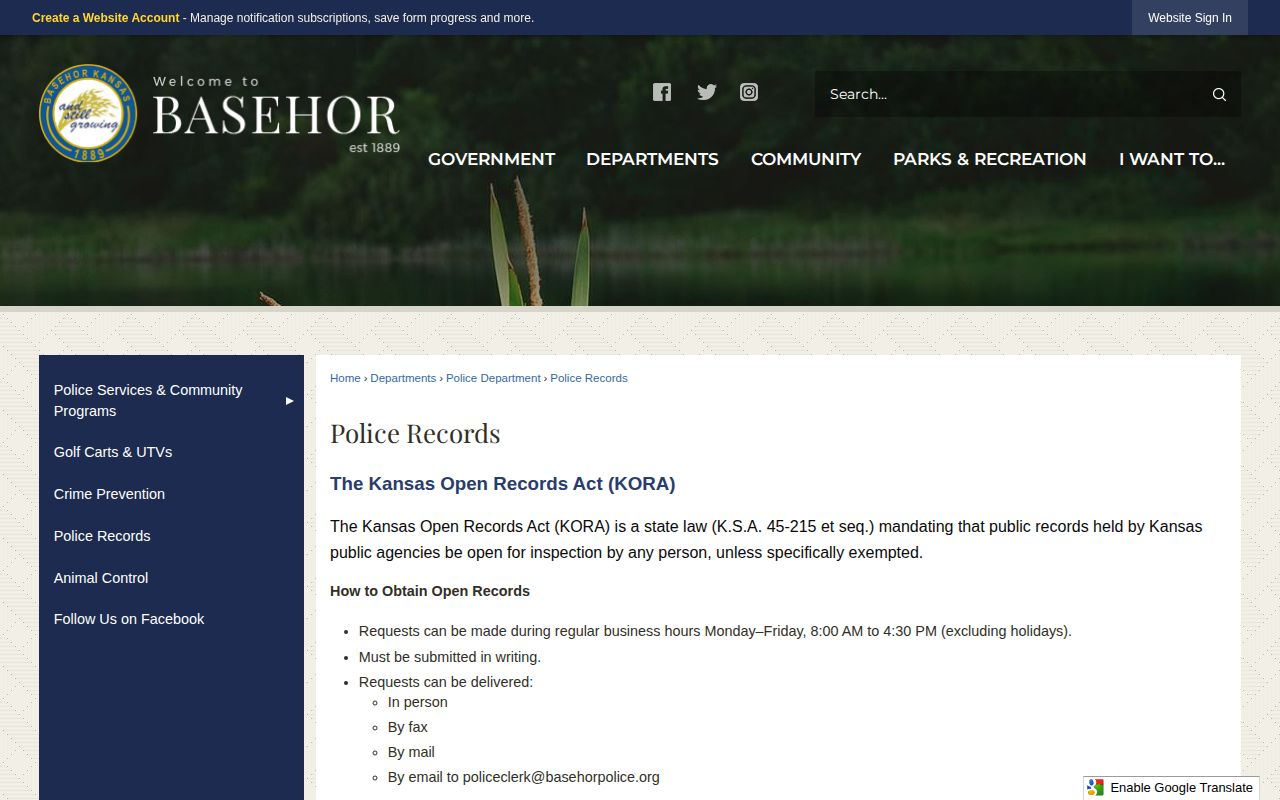 Basehor Police records request and arrest report instructions