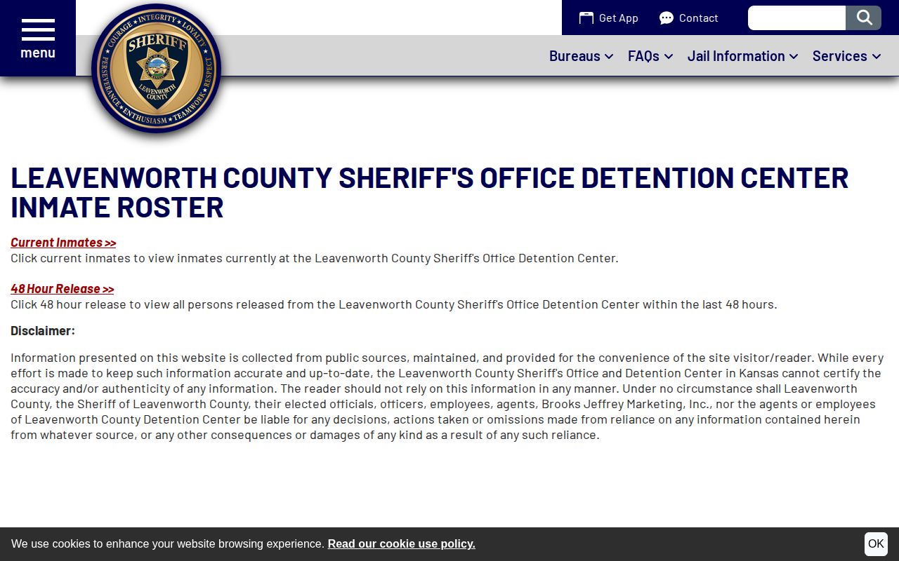 Leavenworth County official jail roster and booking record entrance