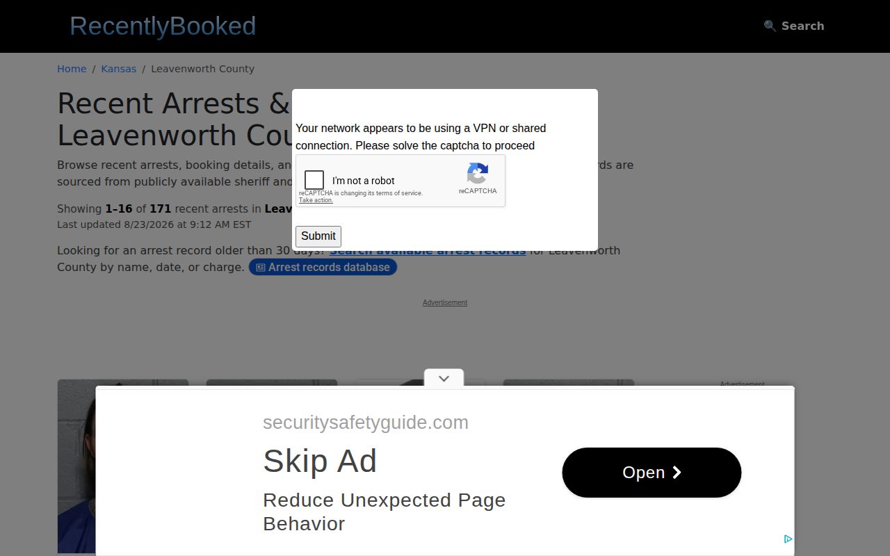 Unofficial Recently Booked Leavenworth County mugshot archive interface